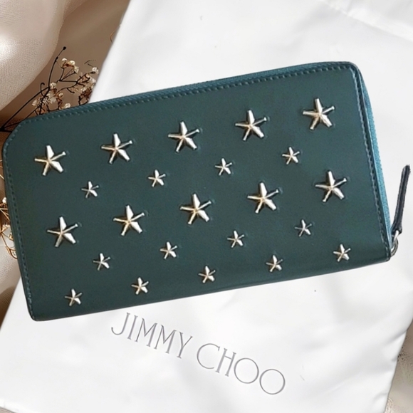 JIMMY CHOO GR Nappa LTHR Star Studded Zip Around 2-Way Wallet w/ CERT Card - Picture 4 of 17